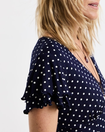Navy Spot Flutter Sleeve Hanky Hem Midi Dress