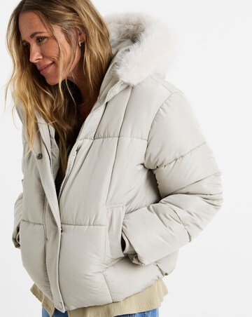 Stone Faux Fur Hood Padded Coat