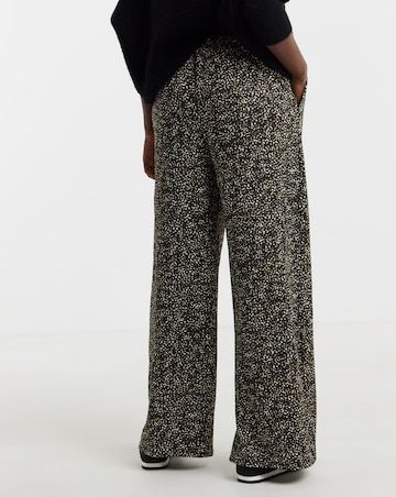 Khaki Print Textured Jersey Tie Waist Wide Leg Trouser
