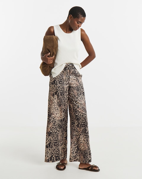 Animal Print Textured Wide Leg Trouser