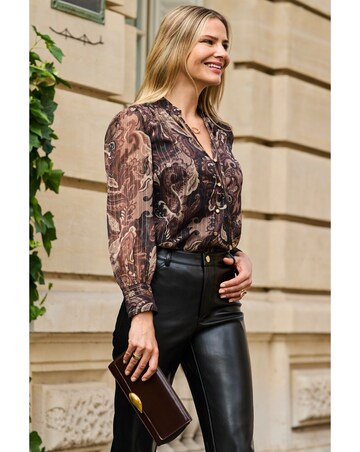 Sosandar Brown Paisley Printed Tie Neck Blouse