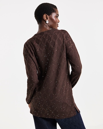 Chocolate Glitter Textured Long Sleeve V-Neck Top