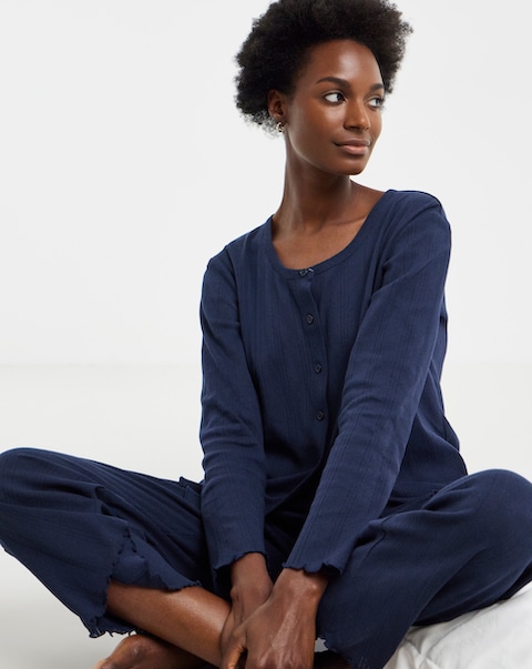 Pretty Secrets Cotton Pointelle Rib Pyjama Set Navy