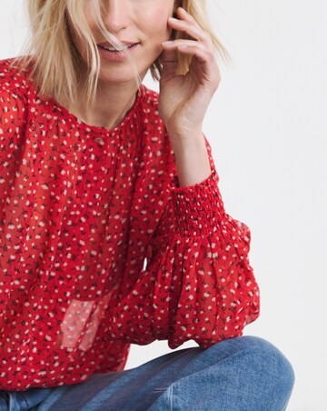 Red Ditsy Shirred Button Through Top