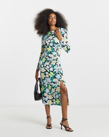Floral Print Ruched Front Midi Dress