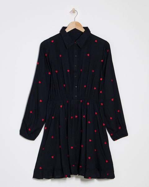 Black Embroidered Heart Shirt Dress