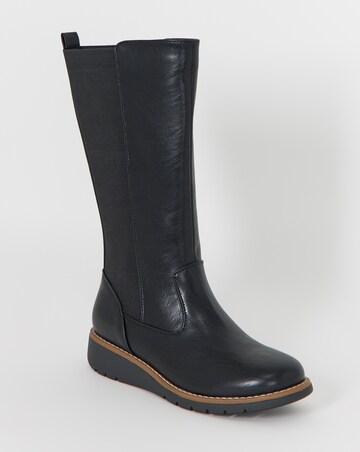 Cushion Walk Elasticated Back Wedge Calf Height Boots - Wide Fit (E)
