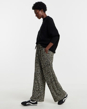 Khaki Print Textured Jersey Tie Waist Wide Leg Trouser