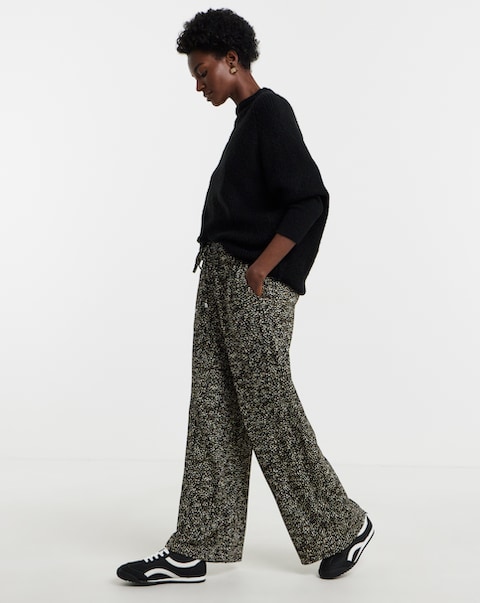 Khaki Print Textured Jersey Tie Waist Wide Leg Trouser