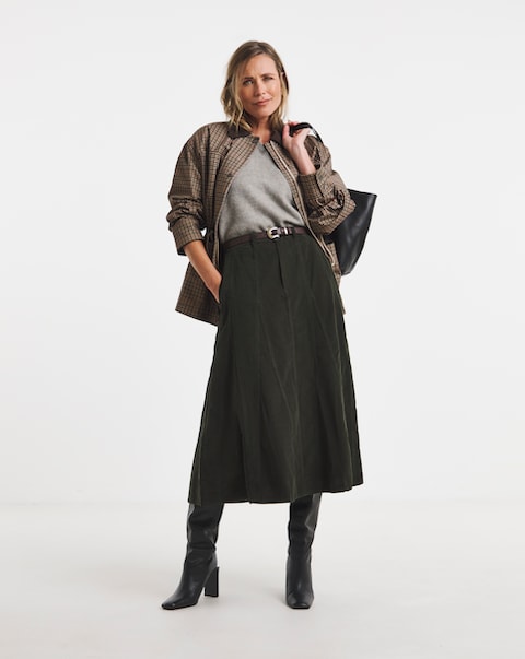 Green Cord Godet Midi Skirt