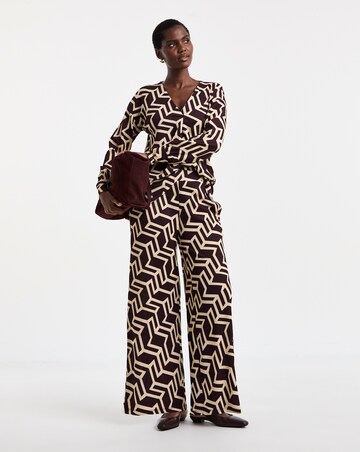 Chocolate Geo Textured Jersey Wide Leg Trouser Co Ord
