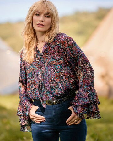 Joe Browns Boho Print Tie Neck Blouse With Ruffle Sleeve Detail