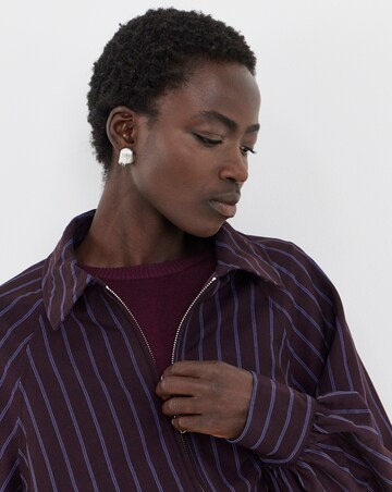 Plum Stripe Collat Detail Full Zip Elasticated Waist Top
