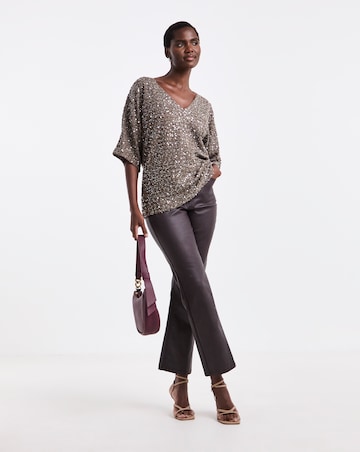 Mocha Sequin V-Neck Angel Sleeve Top