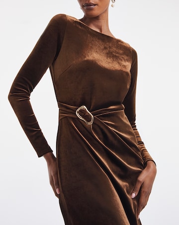 Chocolate Velour Metal Trim Midi Dress