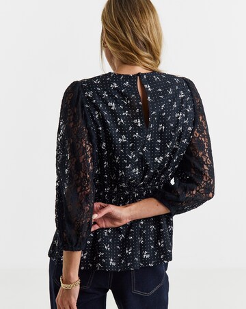 Printed Black Lace Sleeve Blouse