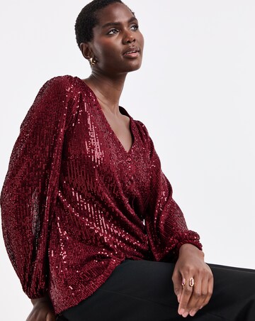 Burgundy Sequin Long Sleeve Button Through