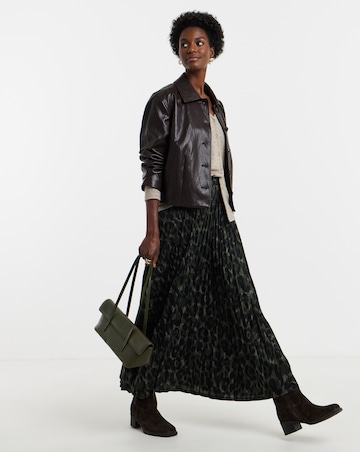 Khaki Leopard Jersey Pleated Midaxi Skirt
