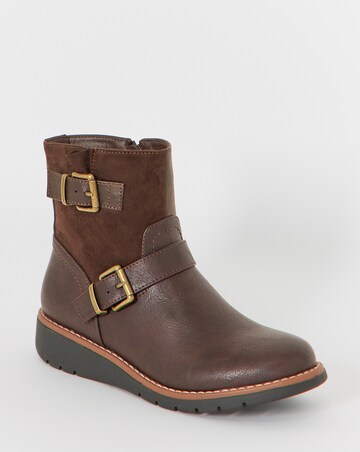 Cushion Walk Contrast Fabric Double Buckle Wedge Boots - Wide Fit (E)