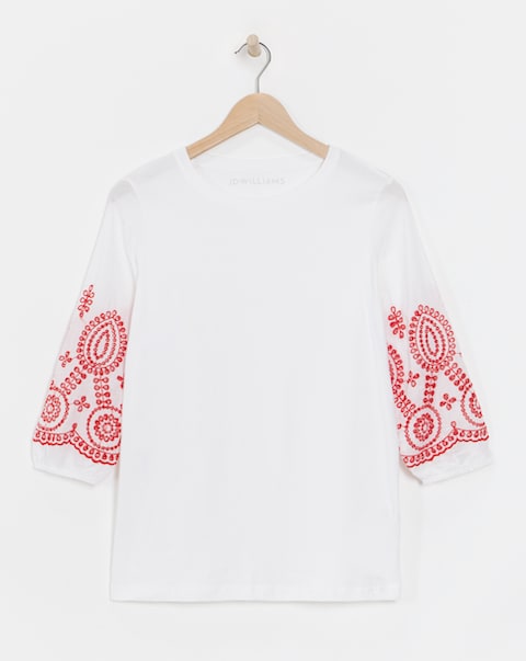 Pure Cotton Broderie 3/4 Length Sleeve Crew Neck Top