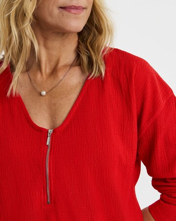 Red Longline Zip Front Long Sleeve Top