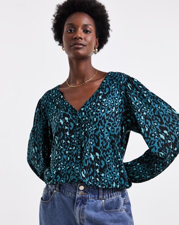 Abstract Print Button Front Long Sleeve Top