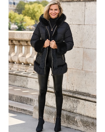 Sosandar Short Padded Coat with Faux Fur