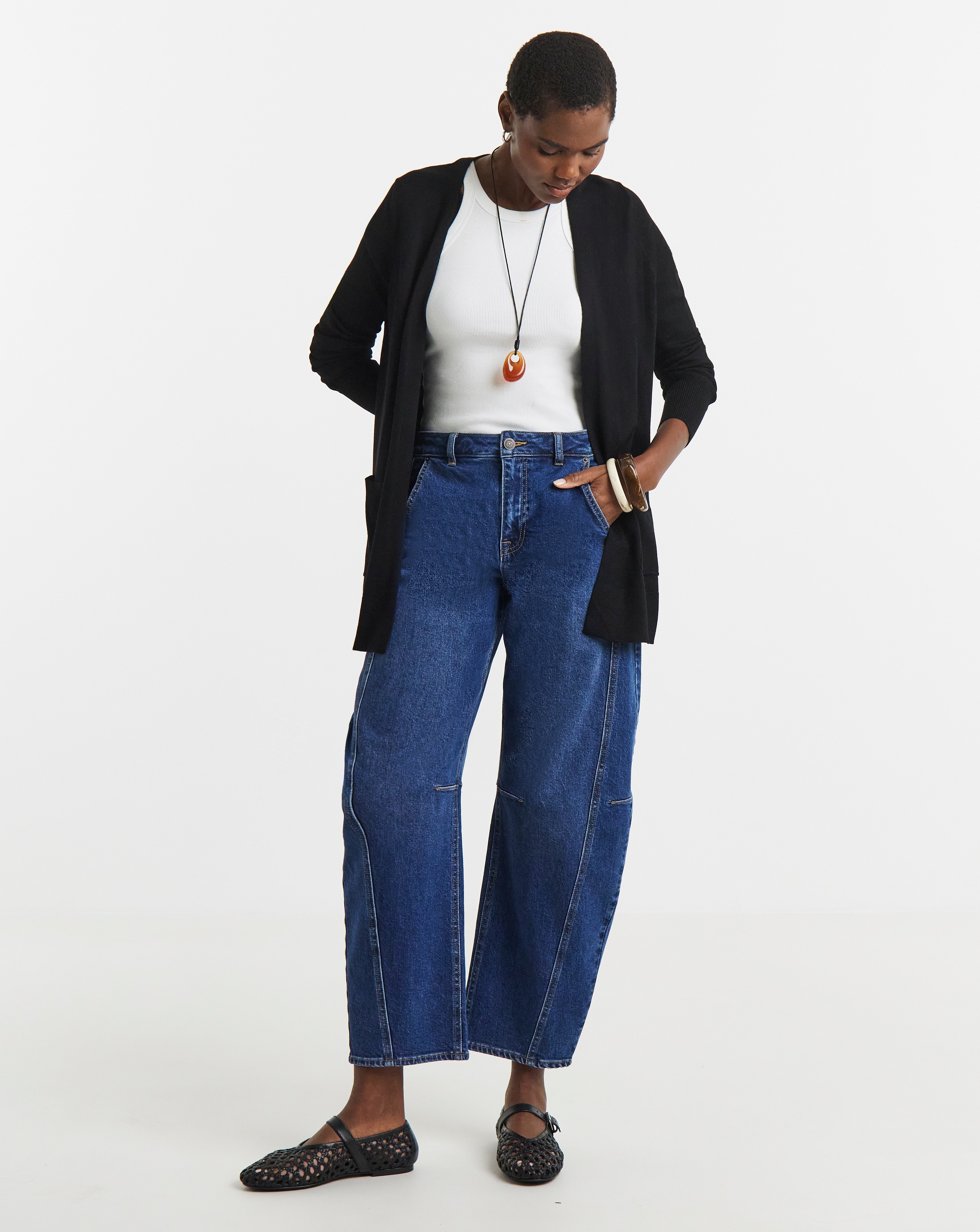 Fine Knit Black Longline Edge to Edge Cardigan | Ambrose Wilson