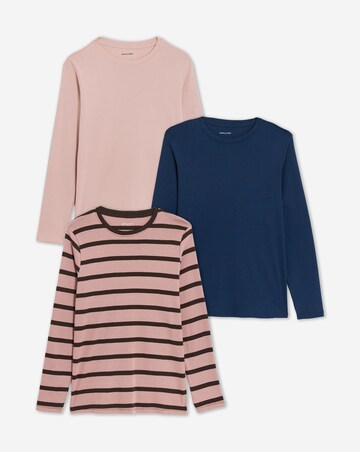 Navy, Blush, Choc And Blush Stripe 3 Pack Crew Neck Long Sleeve T-Shirt