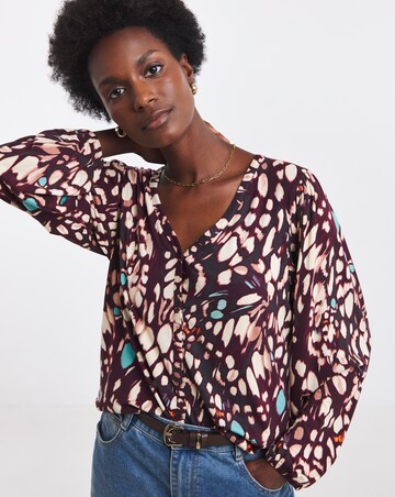 Butterfly Print Button Front Long Sleeve Top