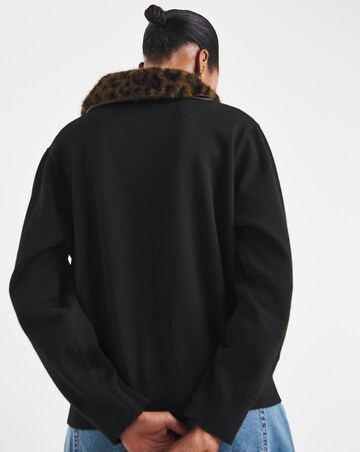 Faux Fur Leopard Collar Cardigan
