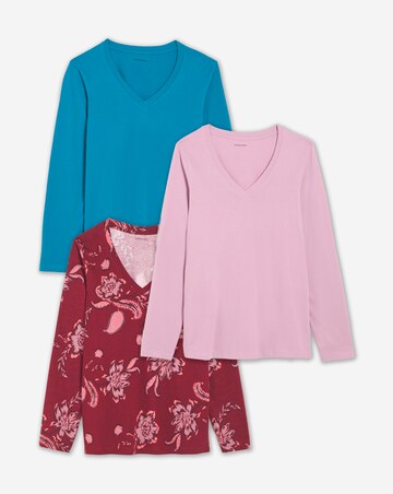 Teal, Print And Lilac 3 Pack V-Neck Long Sleeve T-Shirt