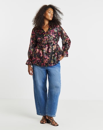 Foil Black Floral Print V Neck Blouse with Elasticated Waist
