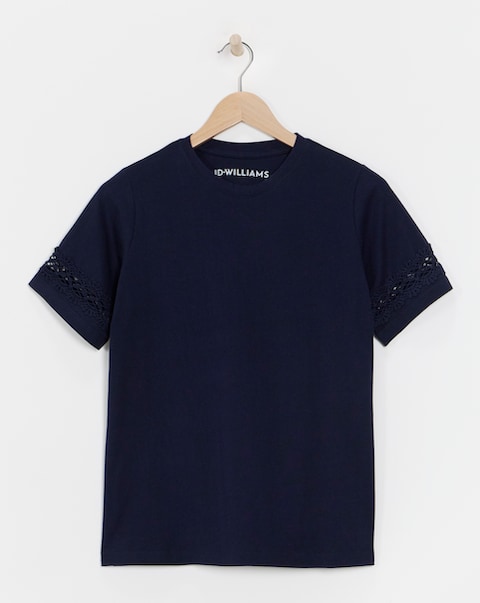 Pure Cotton Crew Neck Short Sleeve Lace Insert T-shirt