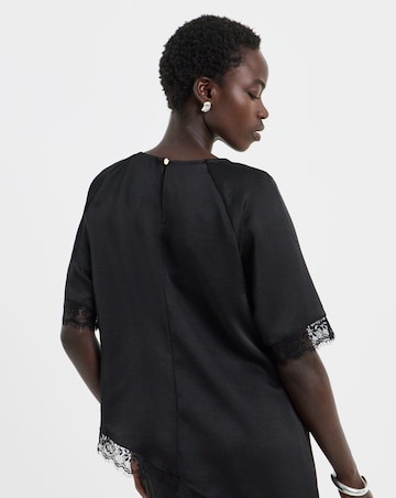 Black Satin Lace Trim Asymmetric Top Co Ord