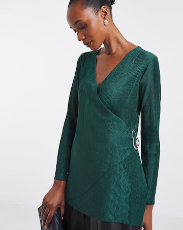 Green V Neck Silver Trim Longline Top