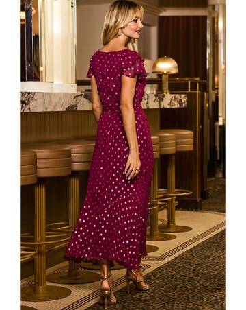 Sosandar Metallic Spot Frill Sleeve Godets Insert Midaxi Dress