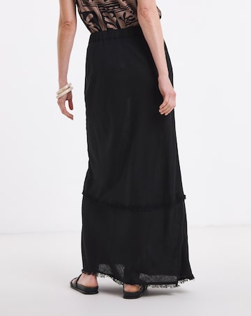 Black Linen Mix Frayed Hem Skirt