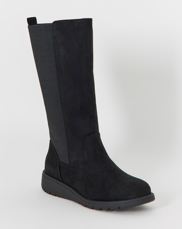 Cushion Walk Elasticated Back Wedge Calf Height Boots - Wide Fit (E)