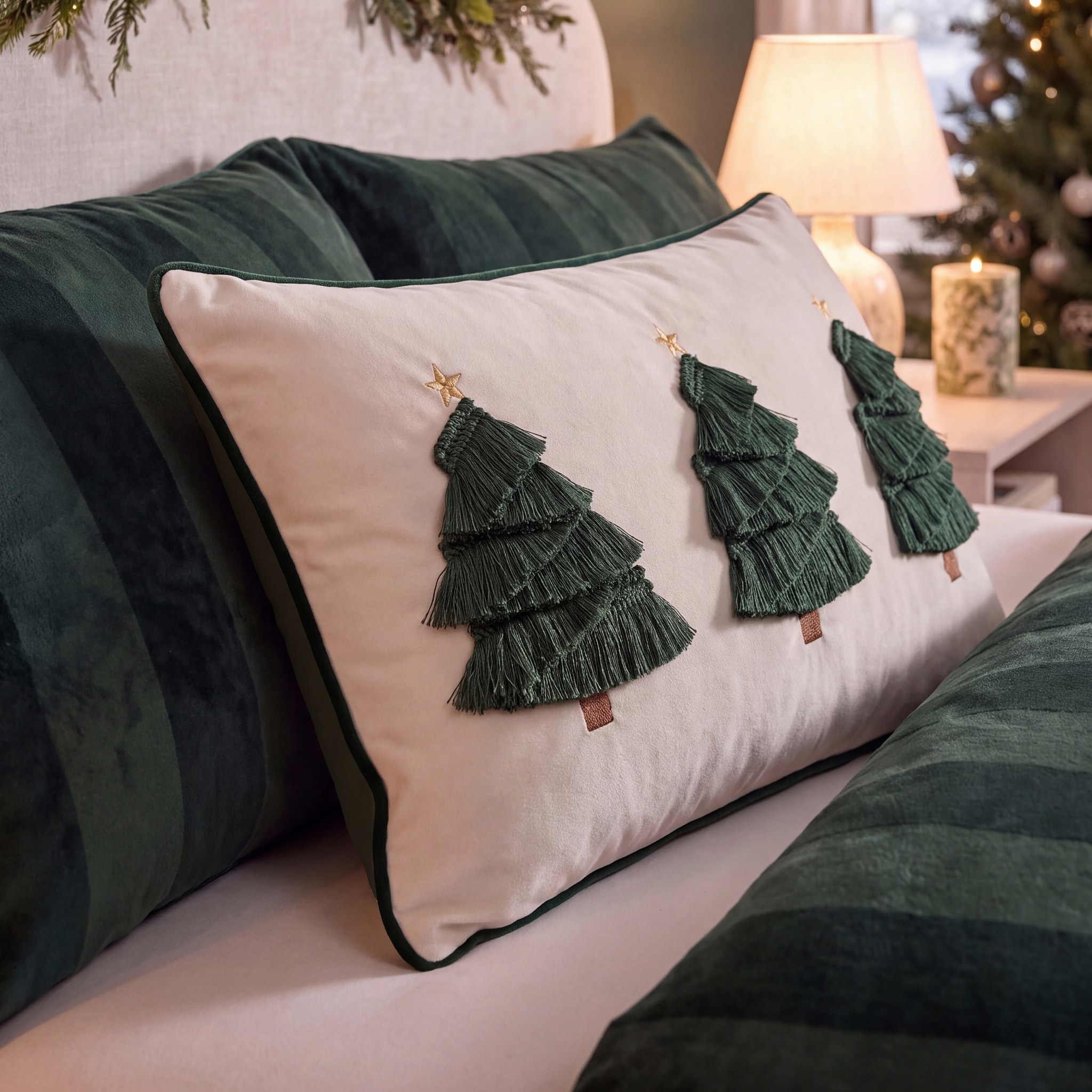 Three Christmas trees on a beige and green pillow