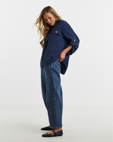 Navy Utility Button Detail Collar Popover Top