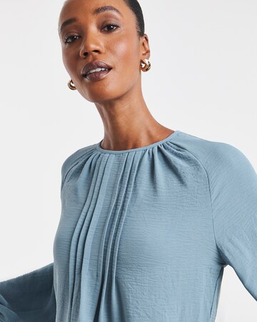 Blue Pintuck Peplum Long Sleeve Blouse