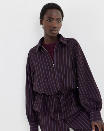 Plum Stripe Collat Detail Full Zip Elasticated Waist Top