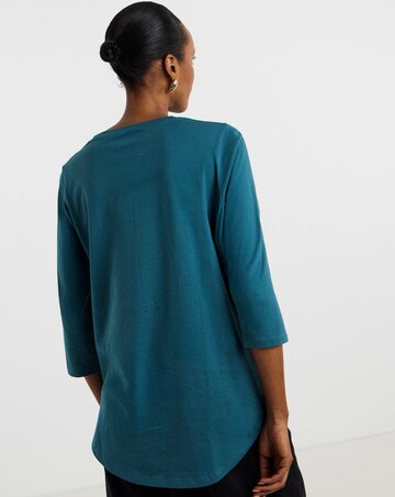 Blue Longline Curved Hem 3/4 Sleeve Top