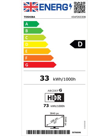 Toshiba 43UF2653DB 43in 4k Ultra HD Smart TV with Freely