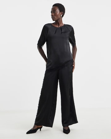 Black Satin Lace Trim Asymmetric Top Co Ord