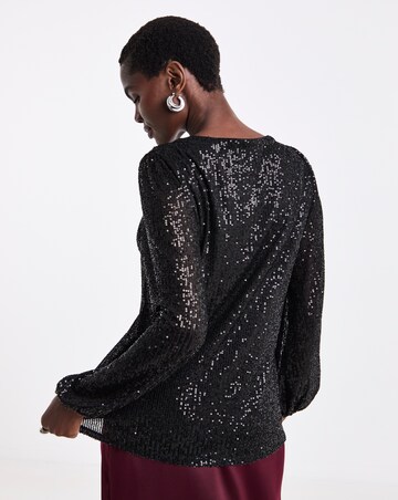 Black Sequin Long Sleeve Button Through