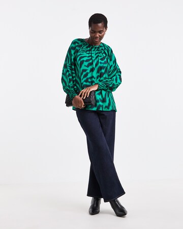 Green Animal Print Satin Raglan Blouse