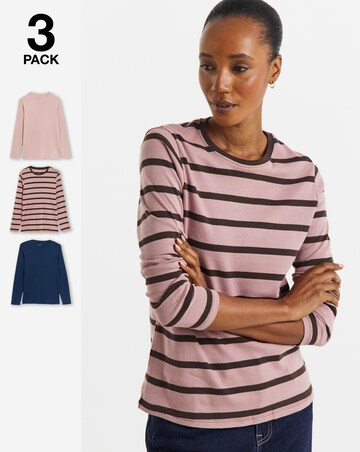 Navy, Blush, Choc And Blush Stripe 3 Pack Crew Neck Long Sleeve T-Shirt