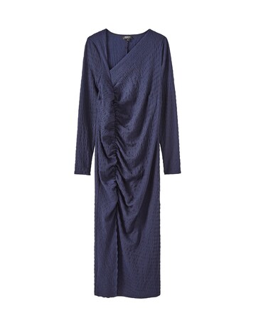 Navy Ruched Textured Jersey Midi Dress